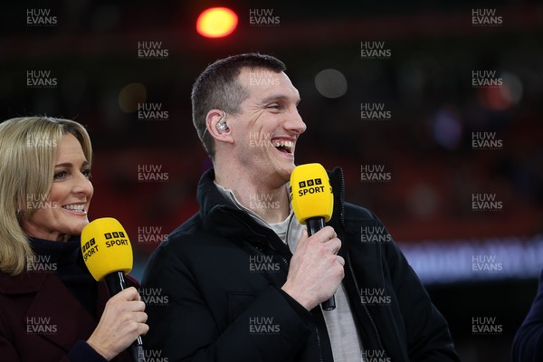 150226 - Wales v France - Guinness Six Nations Championship - Gabby Logan and Sam Warburton working for the BBC