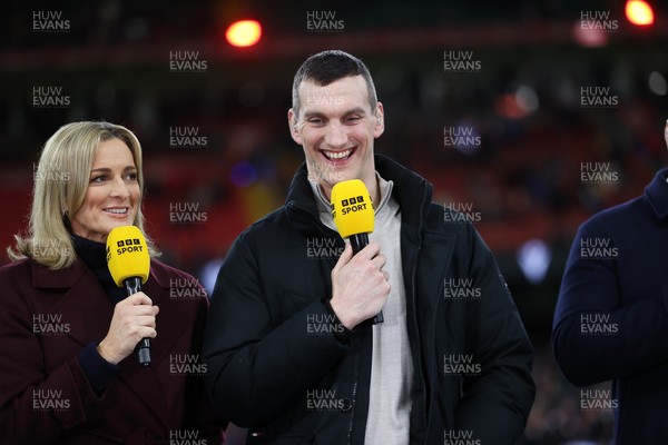 150226 - Wales v France - Guinness Six Nations Championship - Gabby Logan and Sam Warburton working for the BBC
