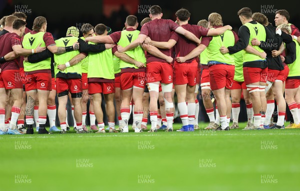 150226 - Wales v France, 2026 Guinness Six Nations - The Wales team huddle up ahead of the match