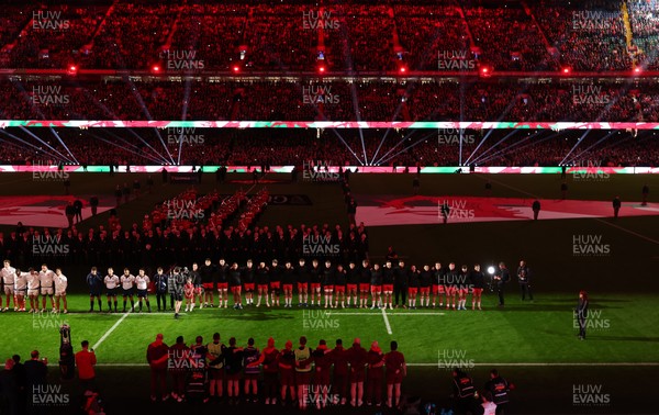 150226 - Wales v France, 2026 Guinness Six Nations - The teams line up for the anthems ahead of the natch