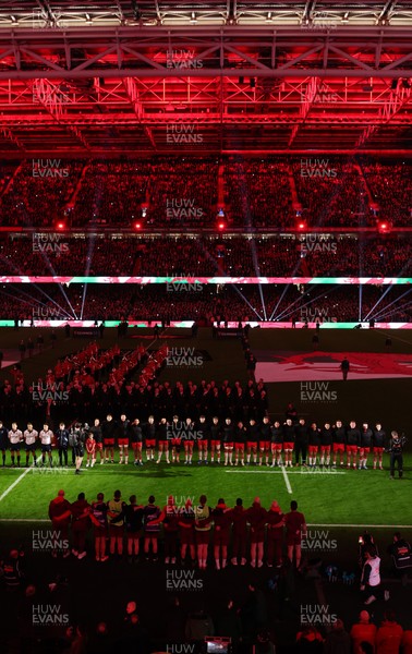 150226 - Wales v France, 2026 Guinness Six Nations - The teams line up for the anthems ahead of the natch