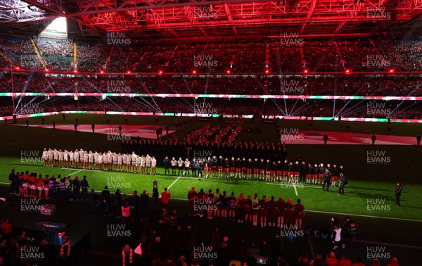 150226 - Wales v France, 2026 Guinness Six Nations - The teams line up for the anthems ahead of the natch