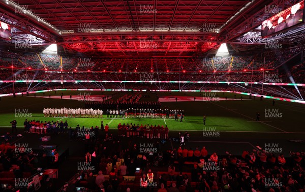 150226 - Wales v France, 2026 Guinness Six Nations - The teams line up for the anthems ahead of the natch