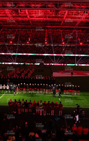 150226 - Wales v France, 2026 Guinness Six Nations - The teams line up for the anthems ahead of the natch