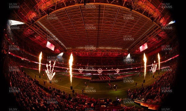 150226 - Wales v France, 2026 Guinness Six Nations - The Principality Stadium is lit up as the teams run out