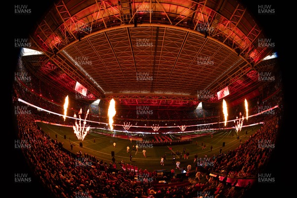 150226 - Wales v France, 2026 Guinness Six Nations - The Principality Stadium is lit up as the teams run out