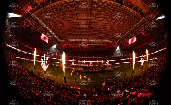 150226 - Wales v France, 2026 Guinness Six Nations - The Principality Stadium is lit up as the teams run out