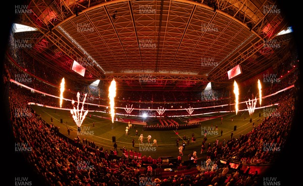 150226 - Wales v France, 2026 Guinness Six Nations - The Principality Stadium is lit up as the teams run out