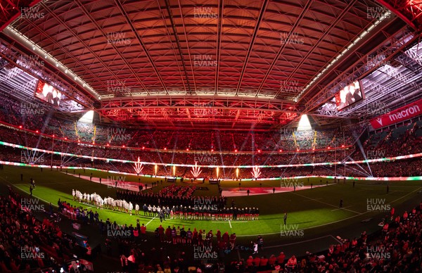 150226 - Wales v France, 2026 Guinness Six Nations - The Principality Stadium is lit up as the teams run out