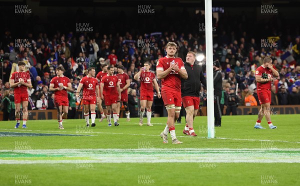 150226 - Wales v France, 2026 Guinness Six Nations - Alex Mann of Wales applauds the fans as Wales make their way around the pitch at the end of the match