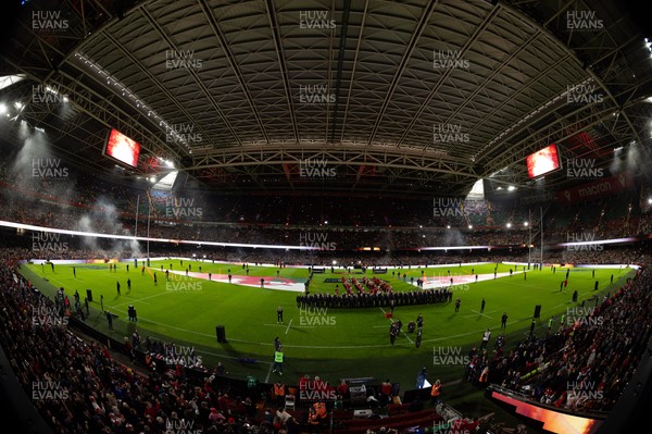 150226 - Wales v France, 2026 Guinness Six Nations - Pre match light show at the Principality Stadium