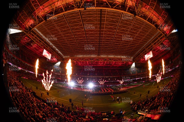 150226 - Wales v France, 2026 Guinness Six Nations - Pre match light show at the Principality Stadium