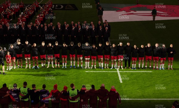 150226 - Wales v France, 2026 Guinness Six Nations - The Wales team line up for the anthems