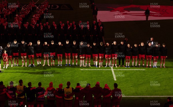 150226 - Wales v France, 2026 Guinness Six Nations - The Wales team line up for the anthems