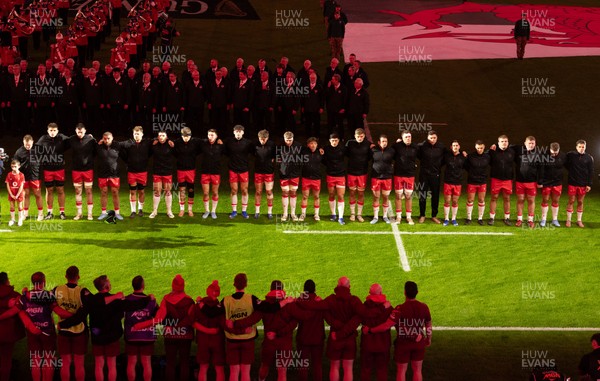 150226 - Wales v France, 2026 Guinness Six Nations - The Wales team line up for the anthems