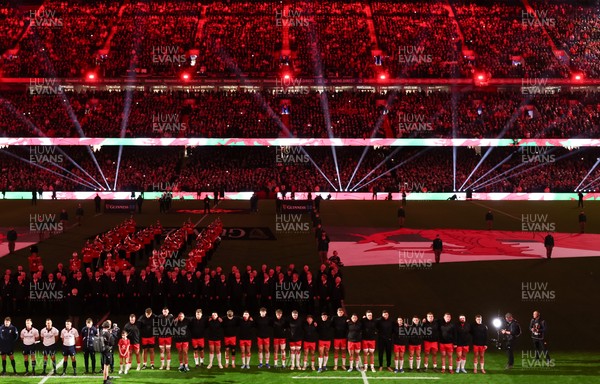 150226 - Wales v France, 2026 Guinness Six Nations - The Wales team line up for the anthems