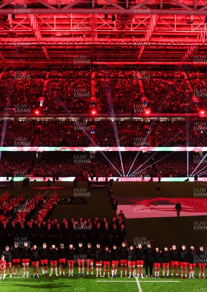 150226 - Wales v France, 2026 Guinness Six Nations - The Wales team line up for the anthems