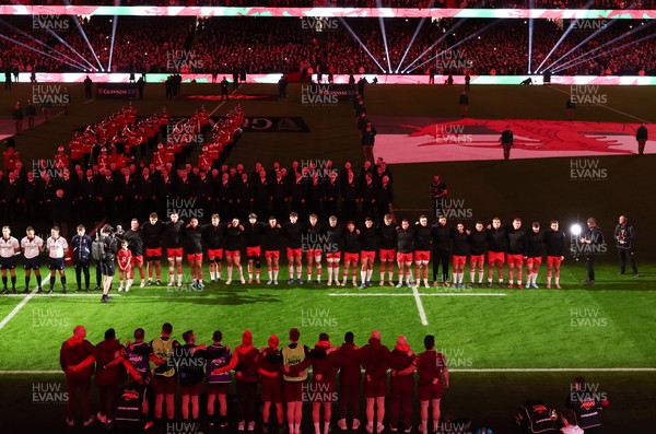 150226 - Wales v France, 2026 Guinness Six Nations - The Wales team line up for the anthems