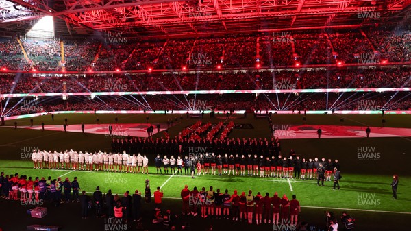 150226 - Wales v France, 2026 Guinness Six Nations - The Wales team line up for the anthems