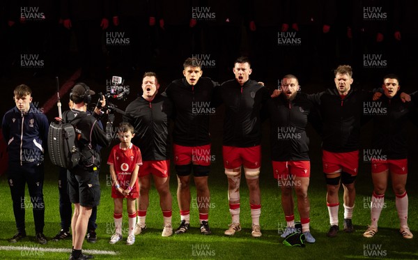 150226 - Wales v France, 2026 Guinness Six Nations - The Wales team line up for the anthems