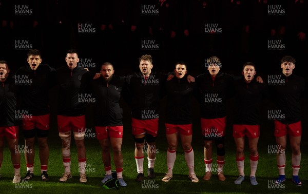 150226 - Wales v France, 2026 Guinness Six Nations - The Wales team line up for the anthems