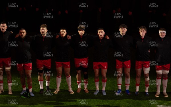 150226 - Wales v France, 2026 Guinness Six Nations - The Wales team line up for the anthems