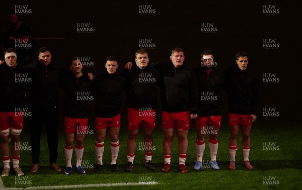 150226 - Wales v France, 2026 Guinness Six Nations - The Wales team line up for the anthems