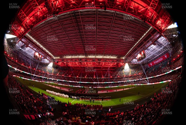 150226 - Wales v France, 2026 Guinness Six Nations - The Wales team line up for the anthems