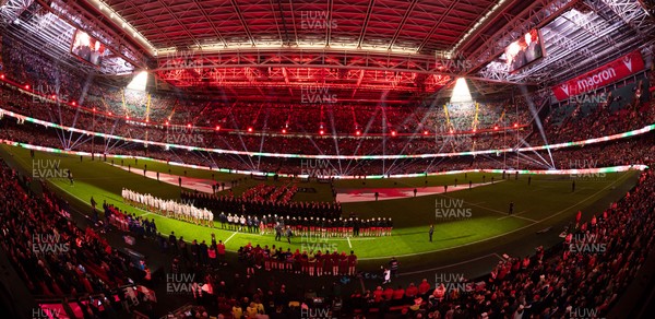 150226 - Wales v France, 2026 Guinness Six Nations - The Wales team line up for the anthems