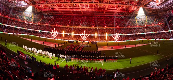 150226 - Wales v France, 2026 Guinness Six Nations - The Wales team line up for the anthems