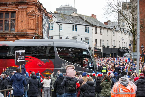 150226 - Wales v France - Guinness Six Nations - The Wales team coach arrives at Principality Stadium