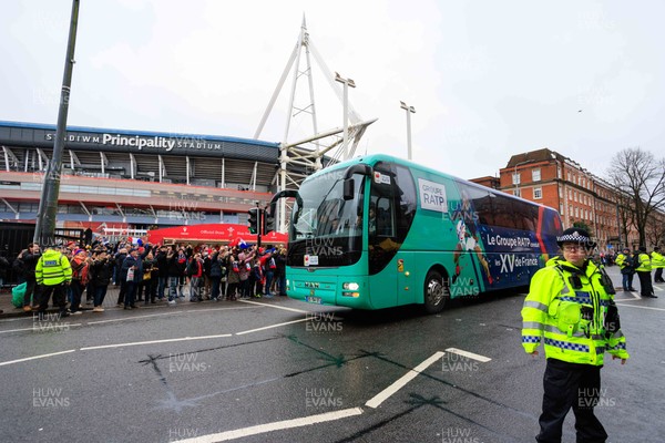 150226 - Wales v France - Guinness Six Nations - The France team coach arrives at the Principality Stadium