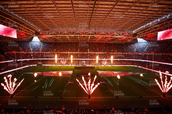 150226 - Wales v France - Guinness Six Nations - Pyrotechnics and light show as teams run onto the field