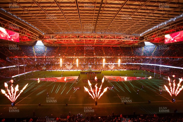 150226 - Wales v France - Guinness Six Nations - Pyrotechnics and light show as teams run onto the field