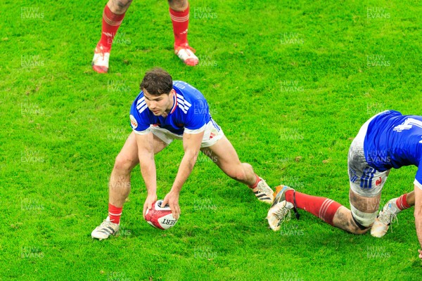 150226 - Wales v France - Guinness Six Nations - Antoine Dupont of France prepares to kick the ball