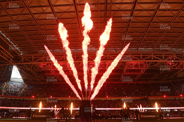 150226 - Wales v France - Guinness Men's Six Nations - Flames on display before the match