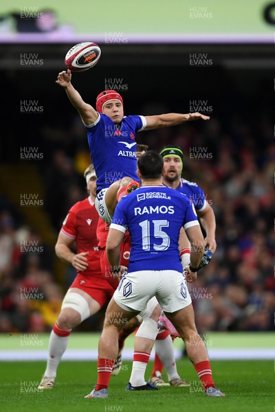 150226 - Wales v France - Guinness Men's Six Nations - Louis Bielle-Biarrey of France wins his line-out