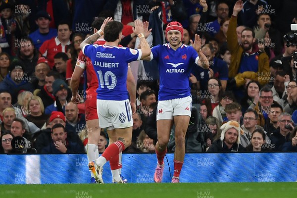 150226 - Wales v France - Guinness Men's Six Nations - Louis Bielle-Biarrey of France celebrates scoring a try with team mates