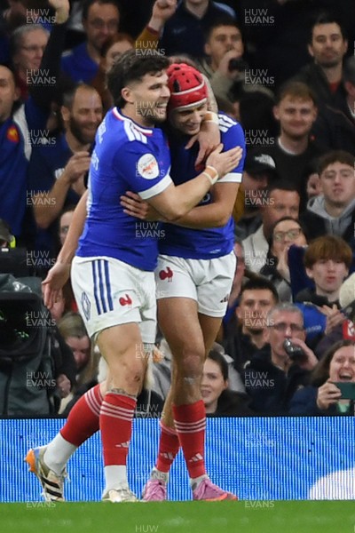 150226 - Wales v France - Guinness Men's Six Nations - Louis Bielle-Biarrey of France celebrates scoring a try with team mates