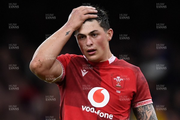 150226 - Wales v France - Guinness Men's Six Nations - Dejected Louis Rees-Zammit of Wales