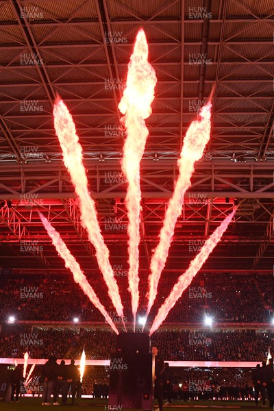 150226 - Wales v France - Guinness Men's Six Nations - Flames before the game