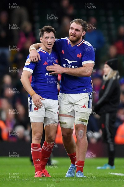 150226 - Wales v France - Guinness Men's Six Nations - Thomas Ramos and Dorian Aldegheri of France at full time