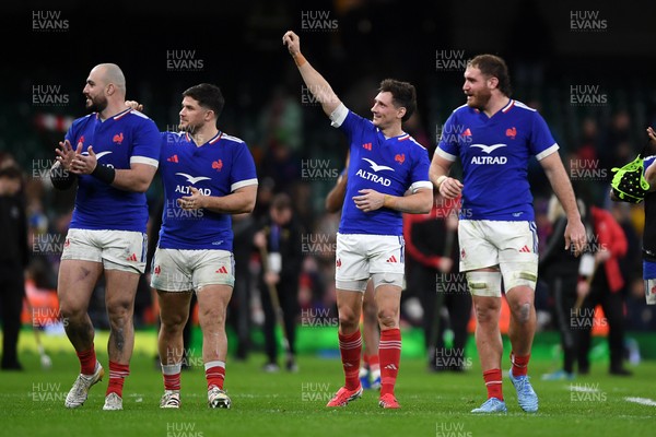 150226 - Wales v France - Guinness Men's Six Nations - France players celebrate the win at full time