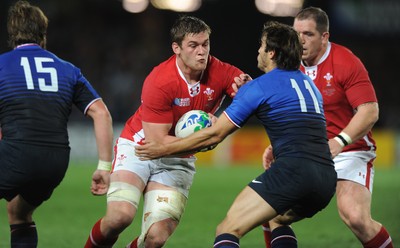 15.10.11 - Wales v France - Rugby World Cup Semi-Final 2011 - Dan Lydiate of Wales is tackled by Alexis Palisson of France. 