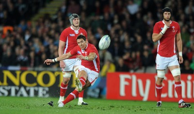 15.10.11 - Wales v France - Rugby World Cup Semi-Final 2011 - James Hook of Wales kicks at goal. 