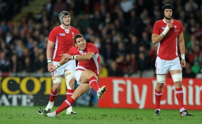 15.10.11 - Wales v France - Rugby World Cup Semi-Final 2011 - James Hook of Wales kicks at goal. 