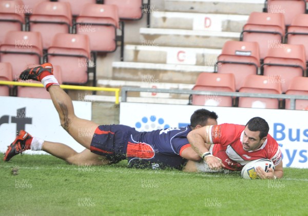 160612 - Wales v France  - Race Course Ground, Wrexham - Rhys Williams of Wales scores