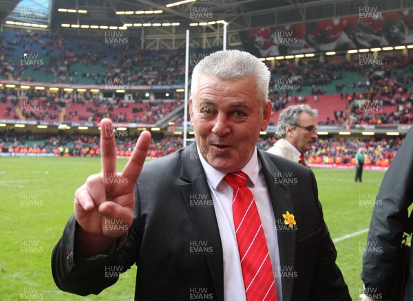 170312 - RBS Six Nations 2012 - Wales v France -Grand Slam celebrations,  Coach Warren Gatland celebrates his two Grand Slams