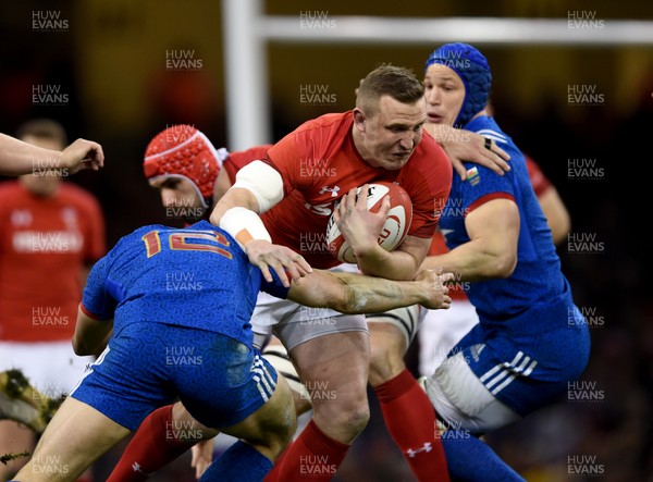 170318 - Wales v France - NatWest 6 Nations -  Hadleigh Parkes of Wales is tackled by Geoffrey Doumayrou of France 