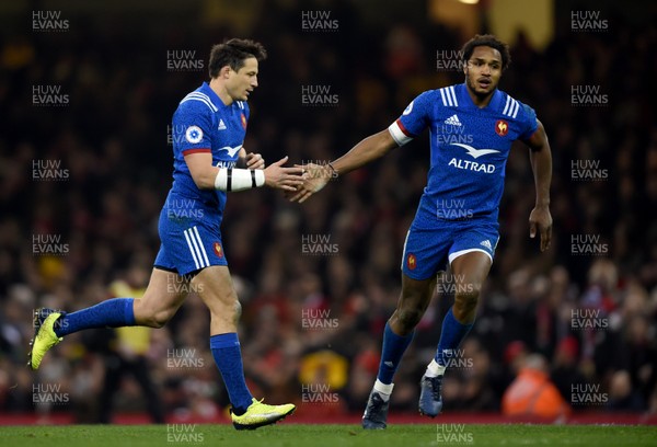 170318 - Wales v France - NatWest 6 Nations -  Francois Trinh-Duc of France celebrates drop goal with Benjamin Fall of France 